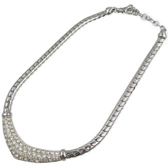 Christian Dior Necklace Metal, Rhinestone Silver Women Used Authentic