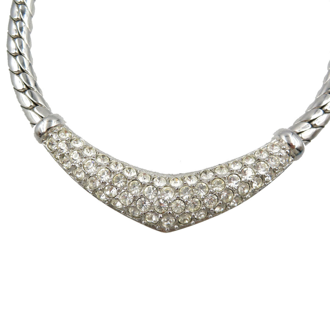 Christian Dior Necklace Metal, Rhinestone Silver Women Used Authentic