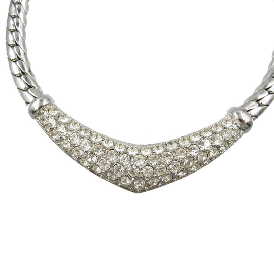 Christian Dior Necklace Metal, Rhinestone Silver Women Used Authentic