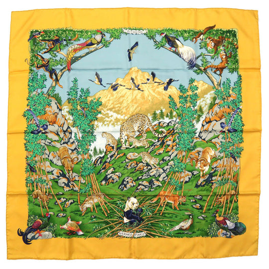 HERMES scarf silk yellow Carre90 SICHLIAN Sicilian Animals Sichuan Women Used Authentic