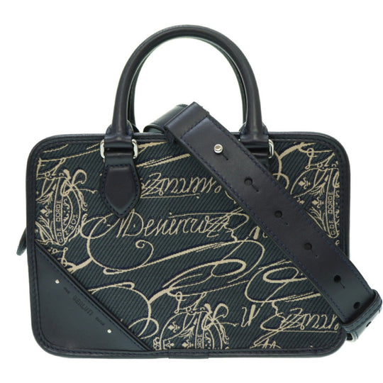 Berluti Handbag Canvas, Leather Navy Scritto Arabesque Canvas Anjoul Gulliver mens Used Authentic