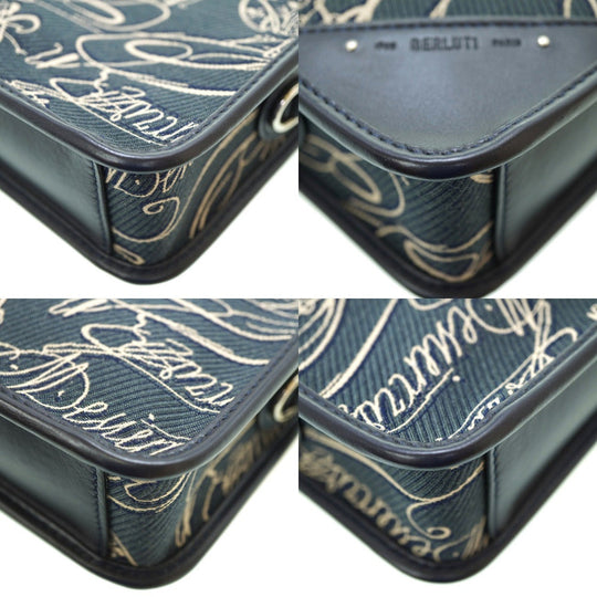 Berluti Handbag Canvas, Leather Navy Scritto Arabesque Canvas Anjoul Gulliver mens Used Authentic