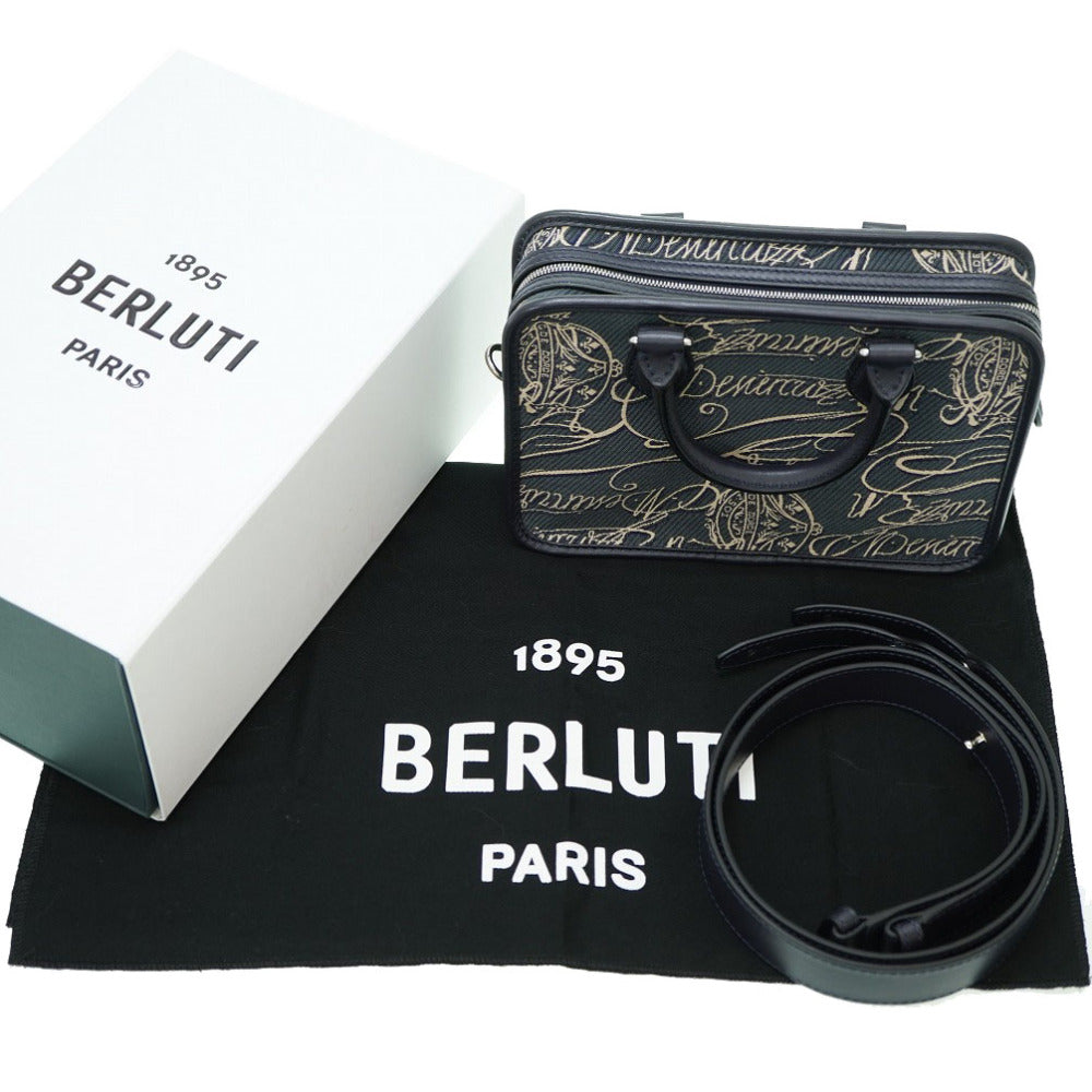 Berluti Handbag Canvas, Leather Navy Scritto Arabesque Canvas Anjoul Gulliver mens Used Authentic