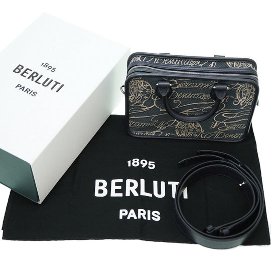 Berluti Handbag Canvas, Leather Navy Scritto Arabesque Canvas Anjoul Gulliver mens Used Authentic