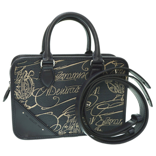 Berluti Handbag Canvas, Leather Navy Scritto Arabesque Canvas Anjoul Gulliver mens Used Authentic