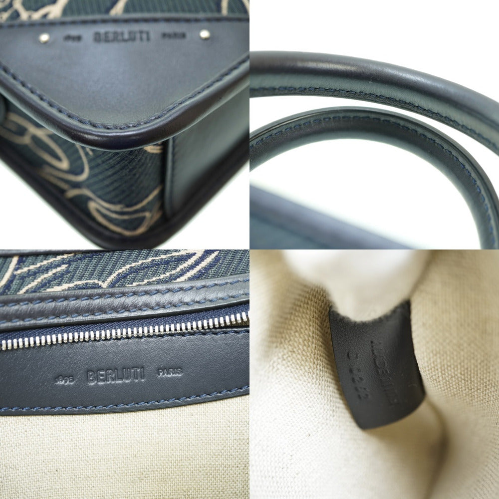 Berluti Handbag Canvas, Leather Navy Scritto Arabesque Canvas Anjoul Gulliver mens Used Authentic