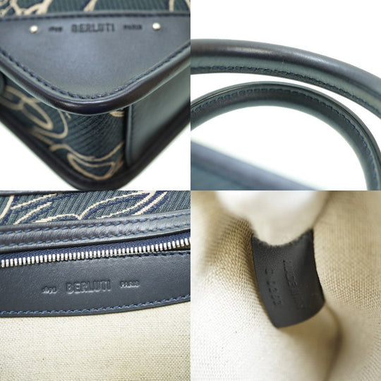 Berluti Handbag Canvas, Leather Navy Scritto Arabesque Canvas Anjoul Gulliver mens Used Authentic