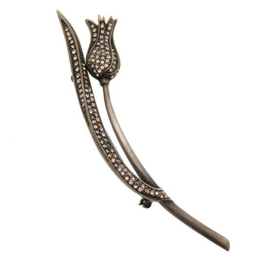 Christian Dior Brooch Metal, Rhinestone Silver Tulip Women Used Authentic