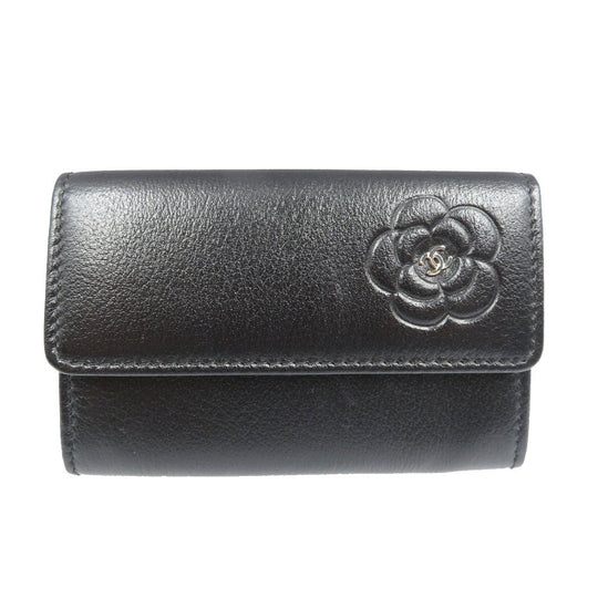 CHANEL Card Case leather black Camelia Women Used Authentic