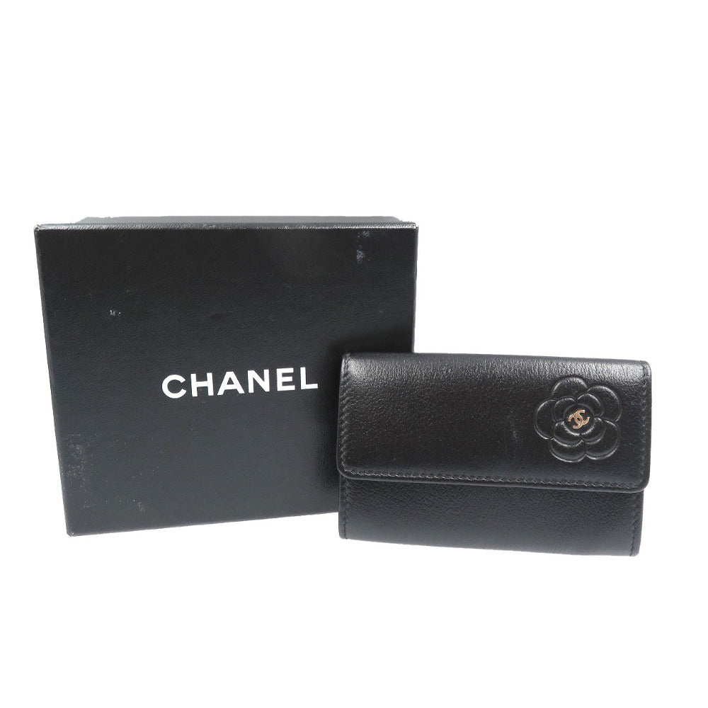 CHANEL Card Case leather black Camelia Women Used Authentic