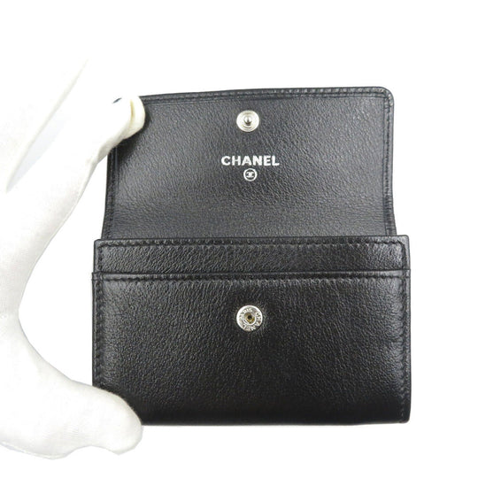 CHANEL Card Case leather black Camelia Women Used Authentic