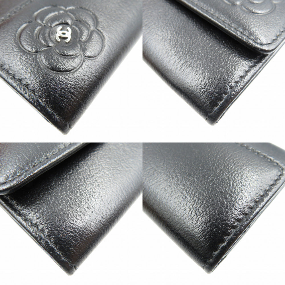 CHANEL Card Case leather black Camelia Women Used Authentic