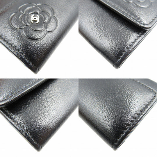 CHANEL Card Case leather black Camelia Women Used Authentic