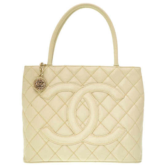CHANEL Tote Bag Caviar skin Ivory Grey Replica Tote Women Used Authentic