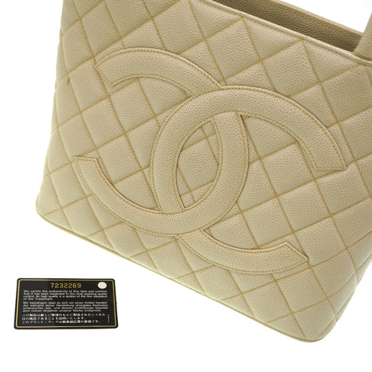 CHANEL Tote Bag Caviar skin Ivory Grey Replica Tote Women Used Authentic