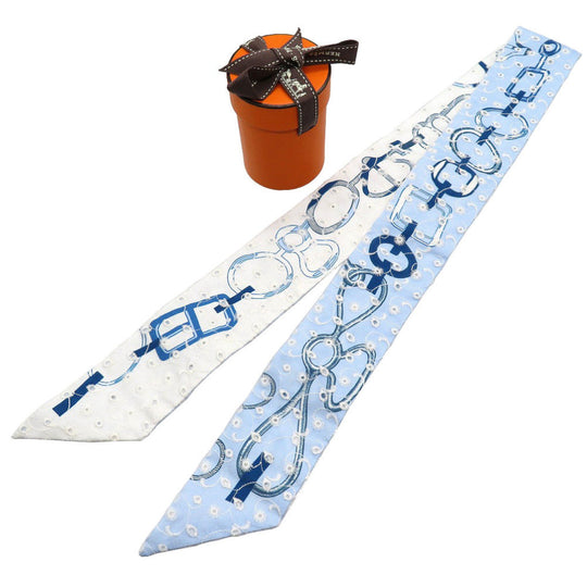 HERMES scarf silk blue Twilly de les Boucles Broderie Anglaise Women Used Authentic