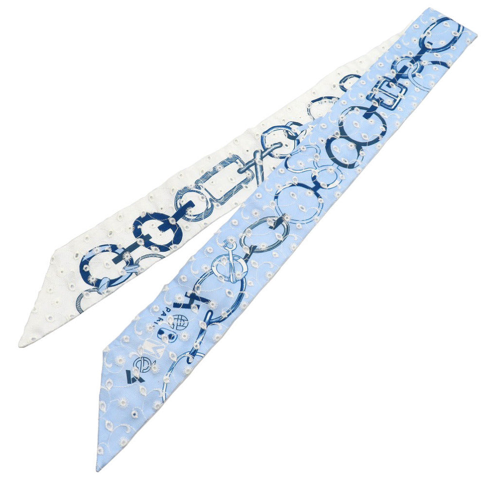 HERMES scarf silk blue Twilly de les Boucles Broderie Anglaise Women Used Authentic