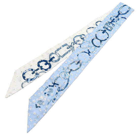 HERMES scarf silk blue Twilly de les Boucles Broderie Anglaise Women Used Authentic