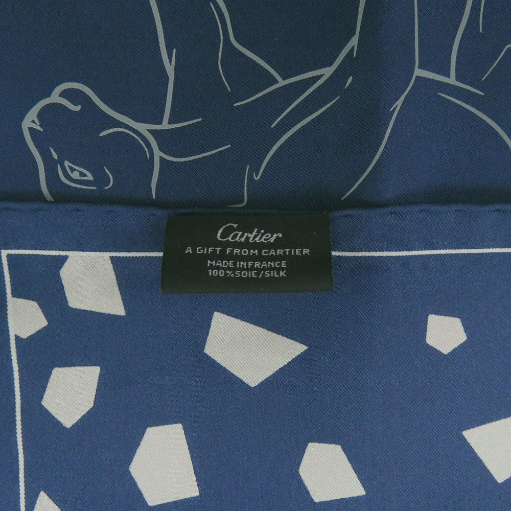CARTIER scarf silk Navy Leopard Women Used Authentic
