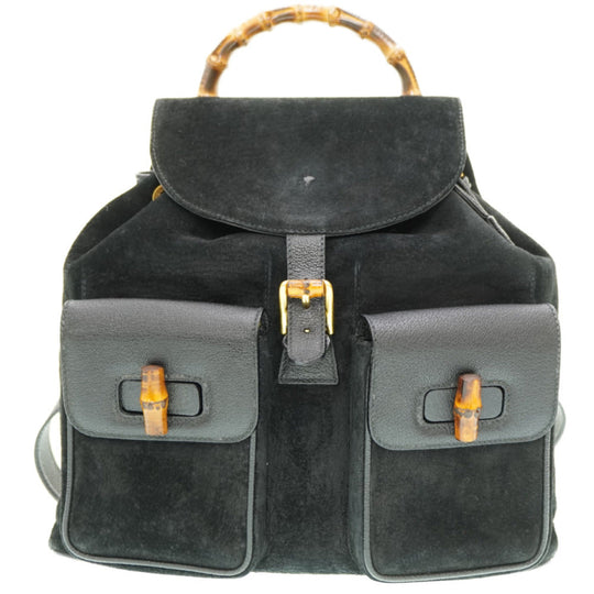 GUCCI Backpack Suede black Bamboo Women Used Authentic