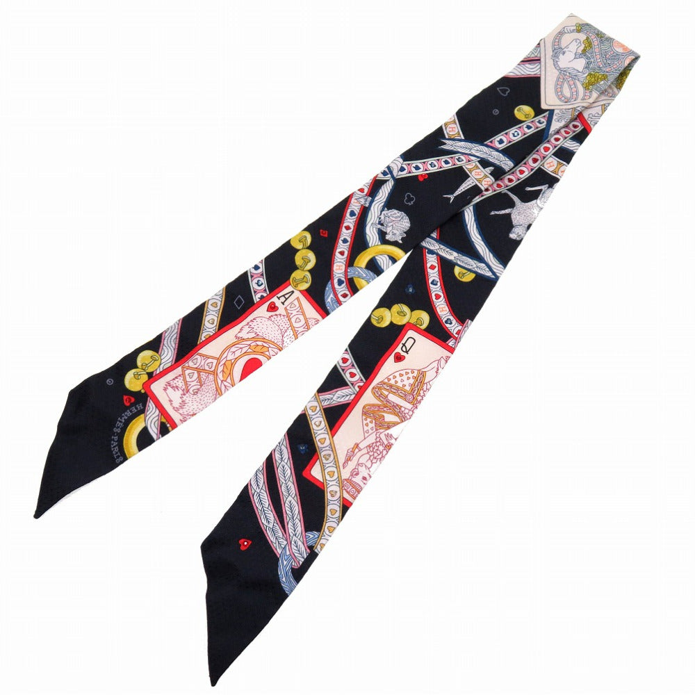HERMES scarf silk black Beaded Pique Twilly Queen of Hearts DAME DE COEUR Women Used Authentic