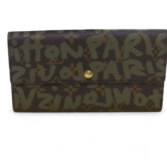 Louis Vuitton Monogram Graffiti Long Leather Wallet Khaki Womens