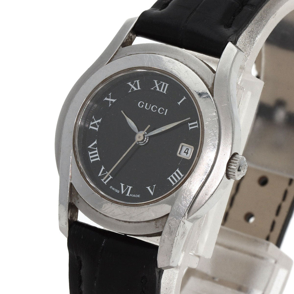 GUCCI Watches Quartz 5500L Stainless Steel, Leather Silver Round face black dial Women Used Authentic