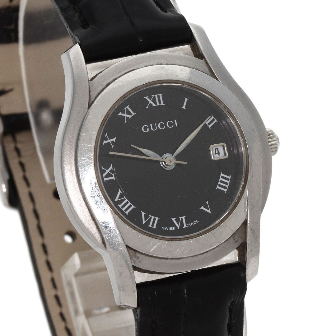 GUCCI Watches Quartz 5500L Stainless Steel, Leather Silver Round face black dial Women Used Authentic