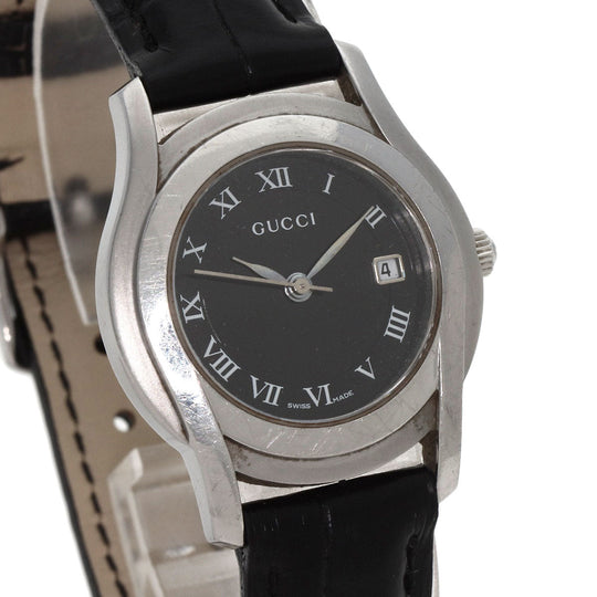 GUCCI Watches Quartz 5500L Stainless Steel, Leather Silver Round face black dial Women Used Authentic