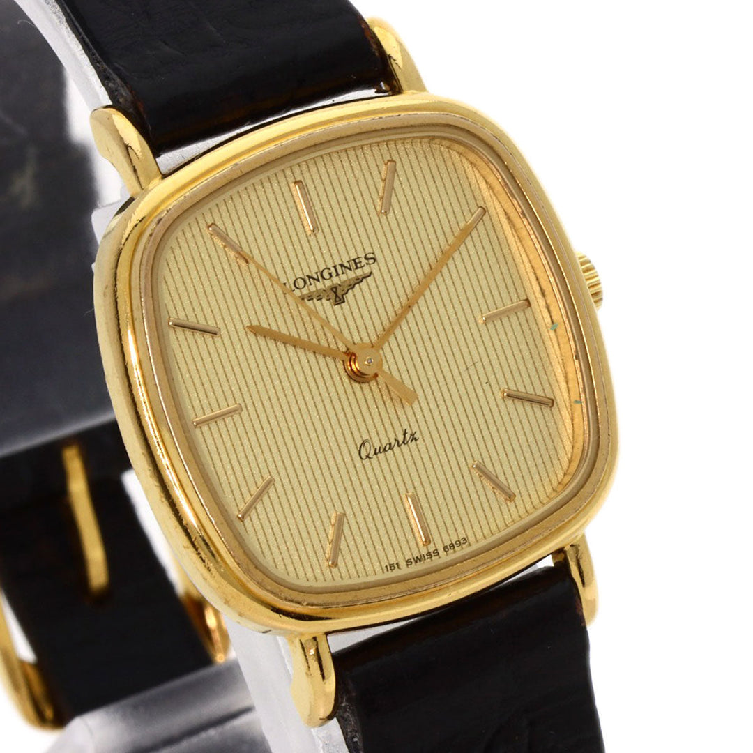 LONGINES Watches Quartz Gold Plated, Leather gold Square face gold dial Women Used Authentic