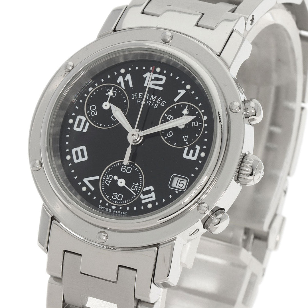 HERMES Watches Quartz CL1.310 Stainless Steel , Stainless Steel Silver Clipper Chrono black dial Women Used Authentic
