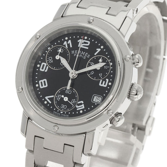 HERMES Watches Quartz CL1.310 Stainless Steel , Stainless Steel Silver Clipper Chrono black dial Women Used Authentic