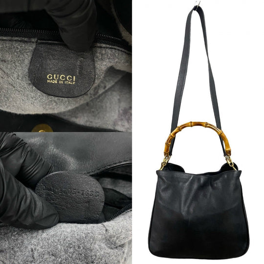 GUCCI Shoulder Bag leather black Bamboo