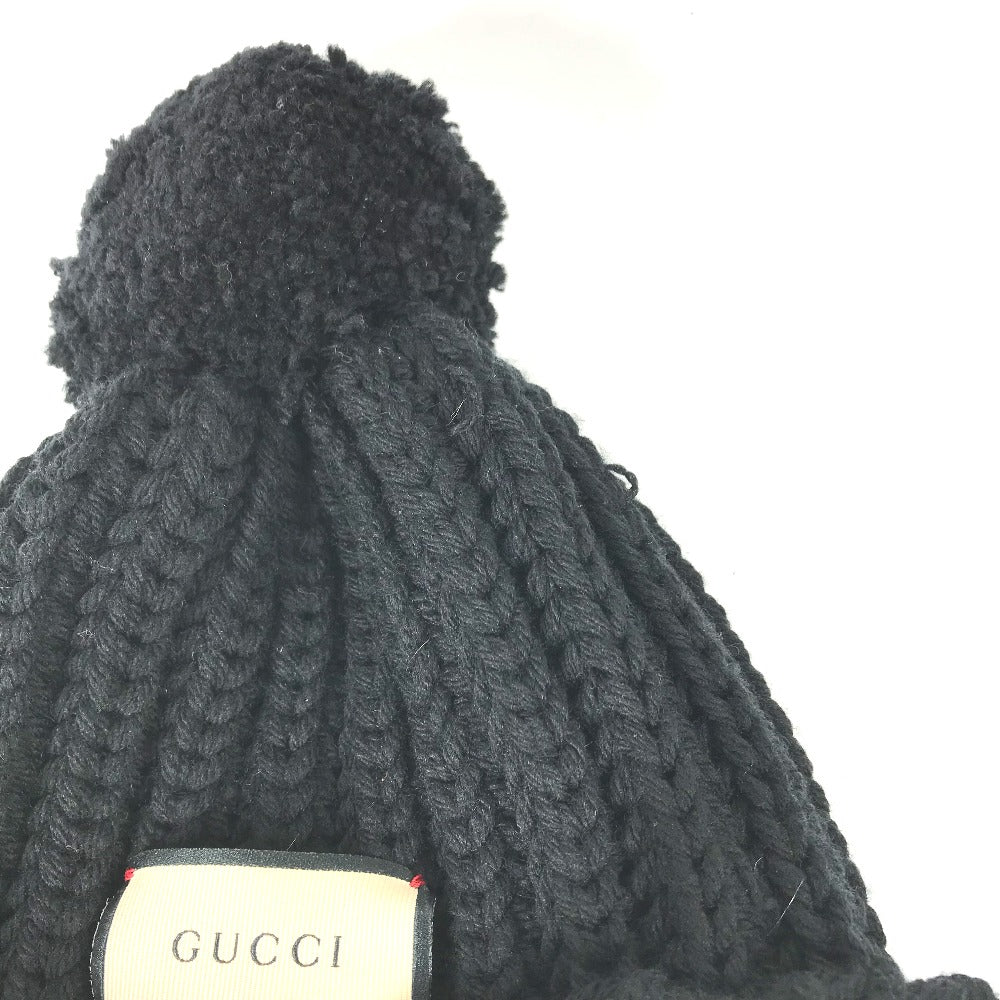 GUCCI Knit hat 652656 polyester black With pompoms logo Women 58 Used Authentic