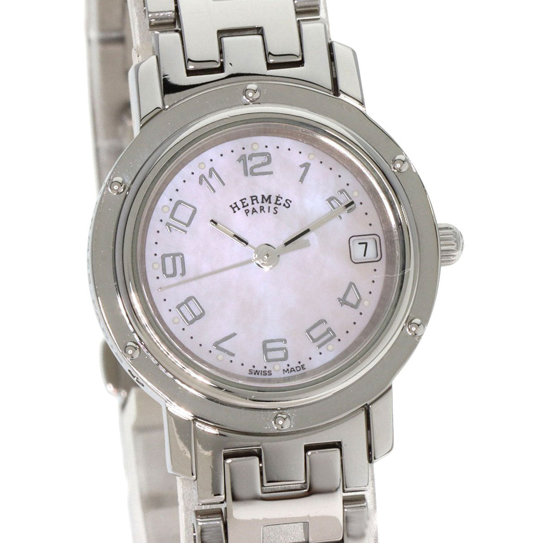 HERMES Watches Quartz CL4.210 Stainless Steel Silver Clipper Nacre new buckle Pink shell dial
