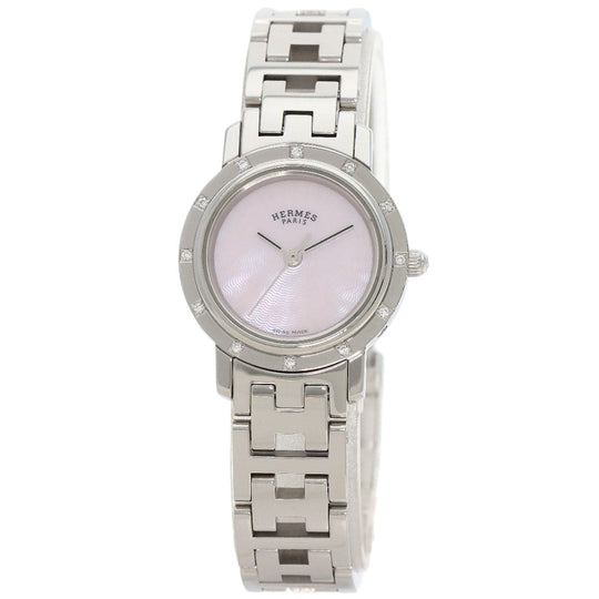 HERMES Watches Quartz CL4.230 Stainless Steel , Stainless Steel Silver Clipper Nacre 12P Diamond Pink shell dial Women Used Authentic