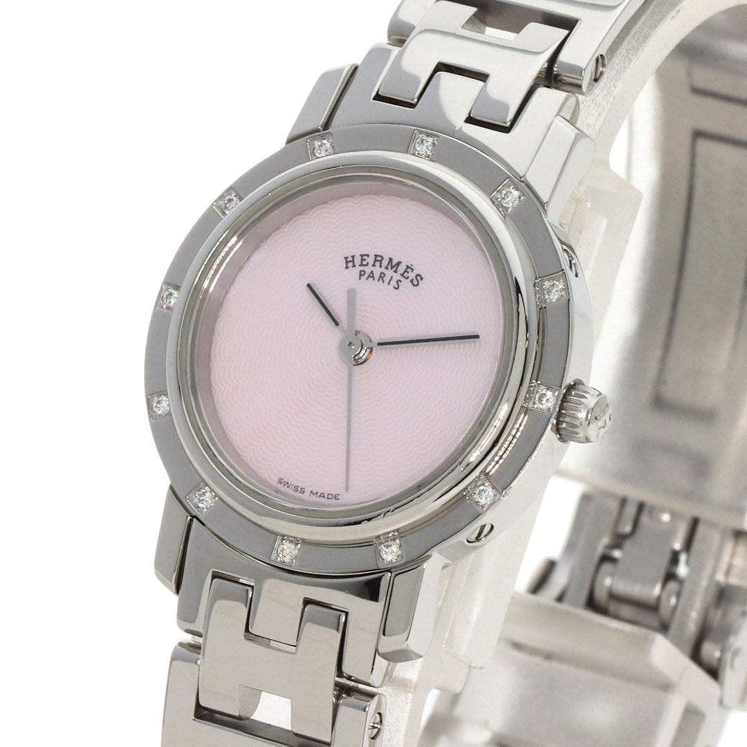 HERMES Watches Quartz CL4.230 Stainless Steel , Stainless Steel Silver Clipper Nacre 12P Diamond Pink shell dial Women Used Authentic