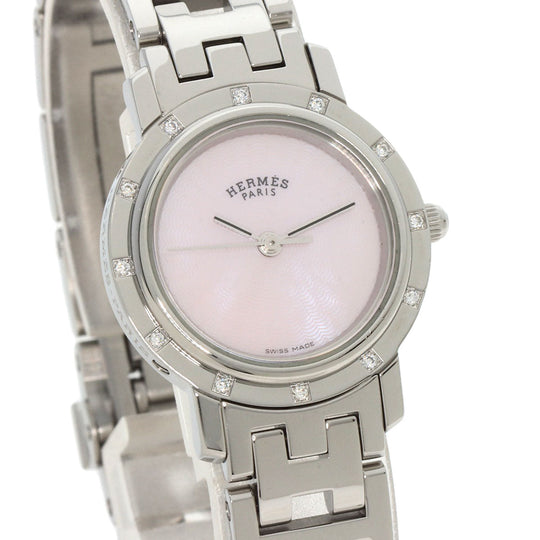 HERMES Watches Quartz CL4.230 Stainless Steel , Stainless Steel Silver Clipper Nacre 12P Diamond Pink shell dial Women Used Authentic