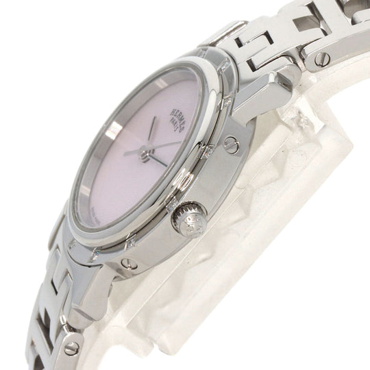 HERMES Watches Quartz CL4.230 Stainless Steel , Stainless Steel Silver Clipper Nacre 12P Diamond Pink shell dial Women Used Authentic