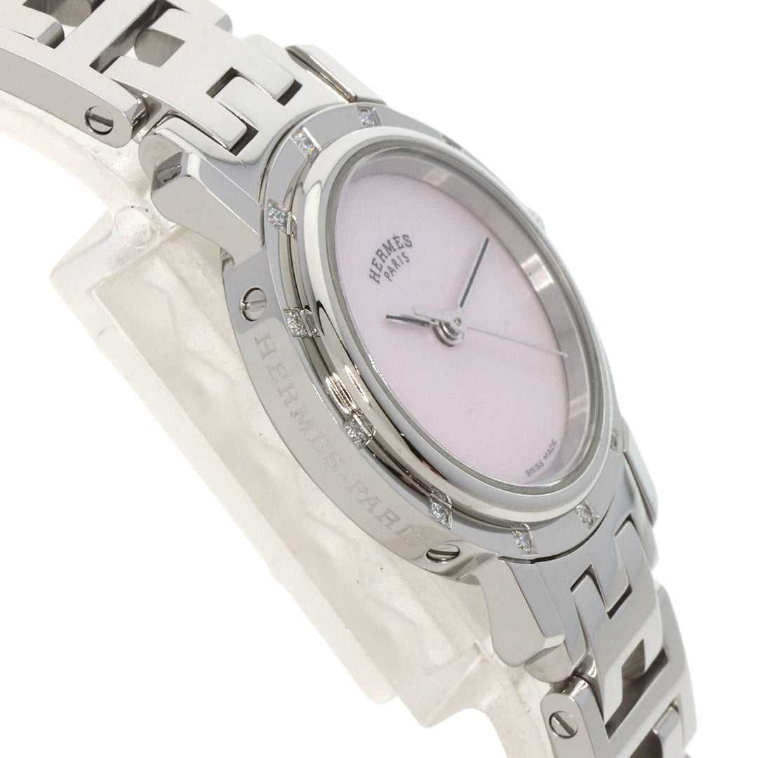 HERMES Watches Quartz CL4.230 Stainless Steel , Stainless Steel Silver Clipper Nacre 12P Diamond Pink shell dial Women Used Authentic