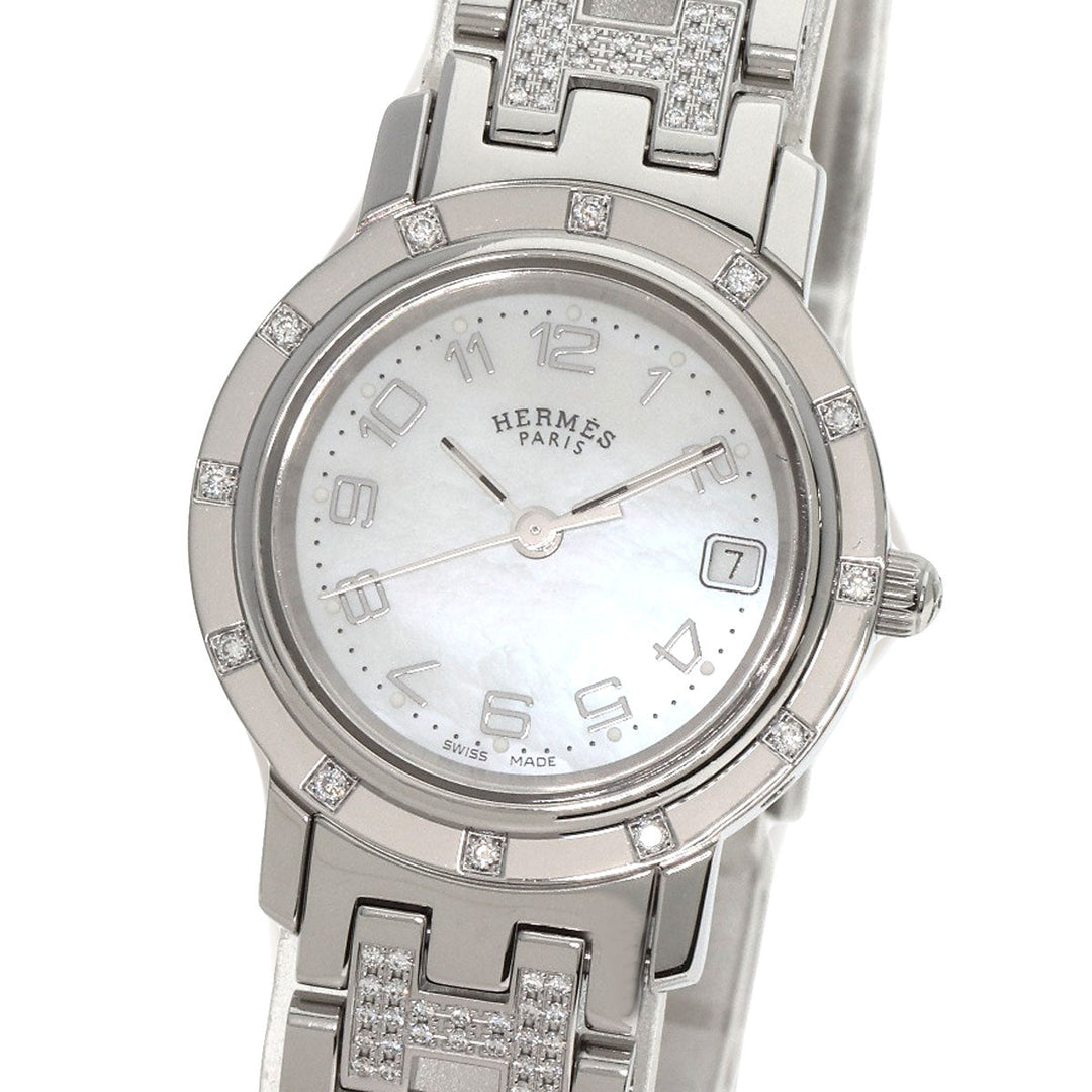 HERMES Watches Quartz CL4.230 Stainless Steel, SSxDiamond Silver Clipper Nacre Diamond White shell dial Women Used Authentic