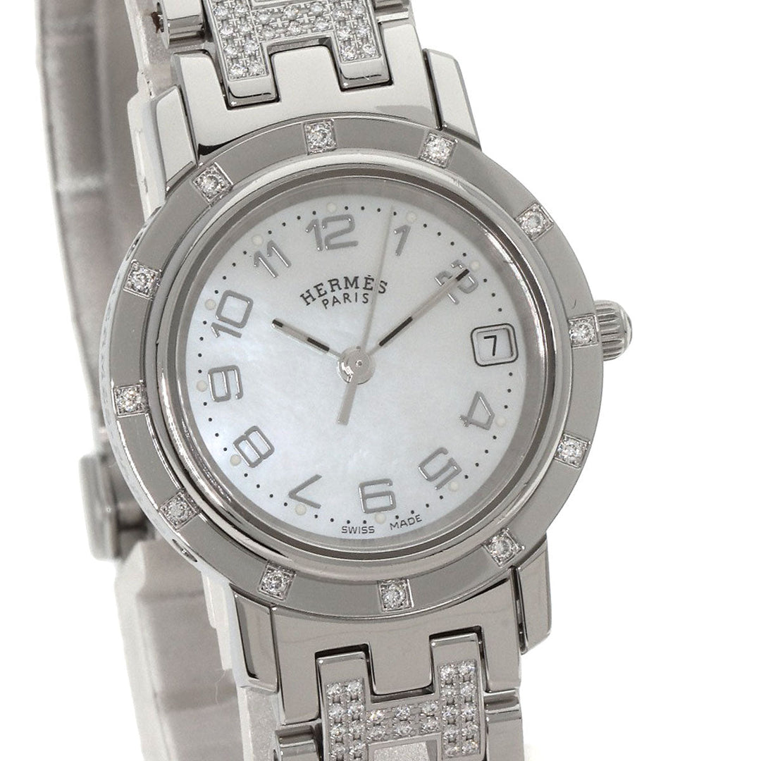 HERMES Watches Quartz CL4.230 Stainless Steel, SSxDiamond Silver Clipper Nacre Diamond White shell dial Women Used Authentic