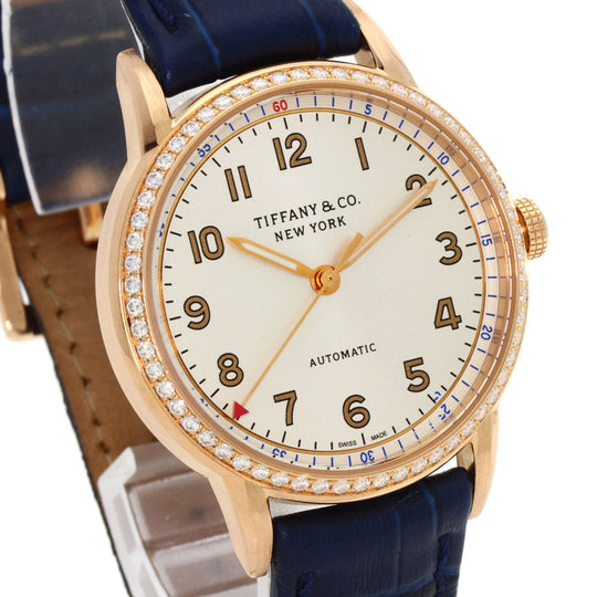 TIFFANY&Co. Watches Mechanical Automatic CT60 K18PG, Leather, Diamond gold Round Face Bezel Diamond Silver dial mens Used Authentic