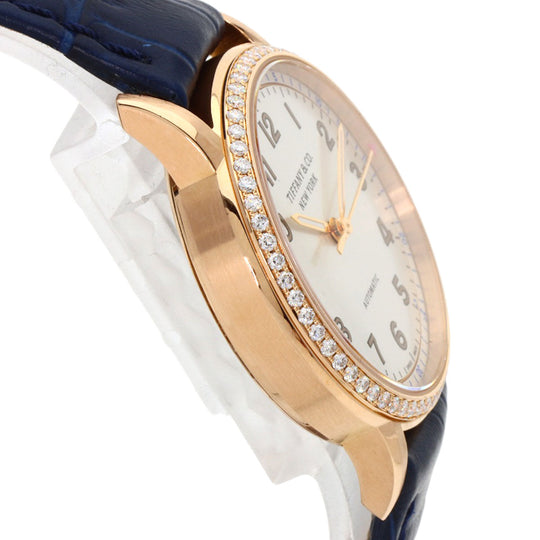 TIFFANY&Co. Watches Mechanical Automatic CT60 K18PG, Leather, Diamond gold Round Face Bezel Diamond Silver dial mens Used Authentic