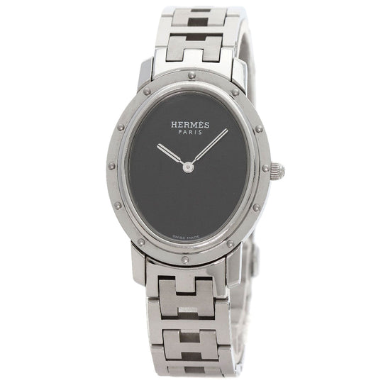 HERMES Watches Quartz CO1.510 Stainless Steel , Stainless Steel Silver Clipper oval black dial Women Used Authentic