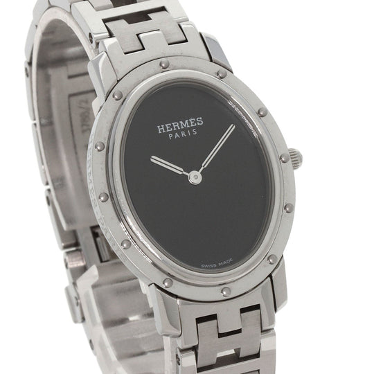 HERMES Watches Quartz CO1.510 Stainless Steel , Stainless Steel Silver Clipper oval black dial Women Used Authentic