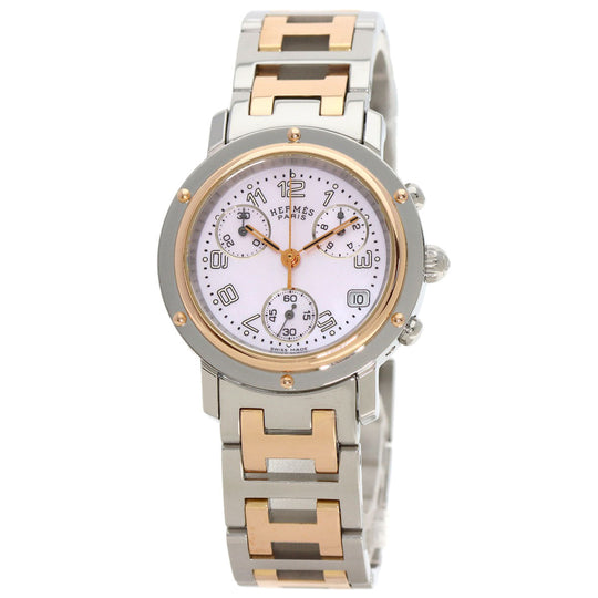 HERMES Watches Quartz CL1.321 Stainless Steel , SSxPGP gold Clipper Chronograph New Buckle Pink shell dial Women Used Authentic