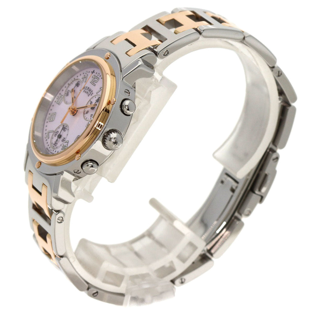 HERMES Watches Quartz CL1.321 Stainless Steel , SSxPGP gold Clipper Chronograph New Buckle Pink shell dial Women Used Authentic