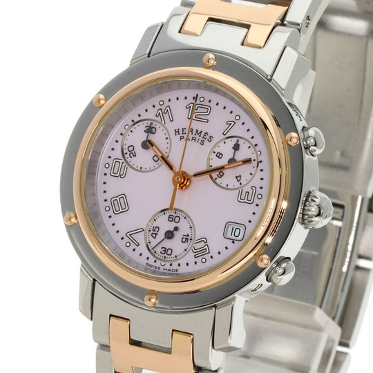 HERMES Watches Quartz CL1.321 Stainless Steel , SSxPGP gold Clipper Chronograph New Buckle Pink shell dial Women Used Authentic