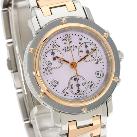 HERMES Watches Quartz CL1.321 Stainless Steel , SSxPGP gold Clipper Chronograph New Buckle Pink shell dial Women Used Authentic